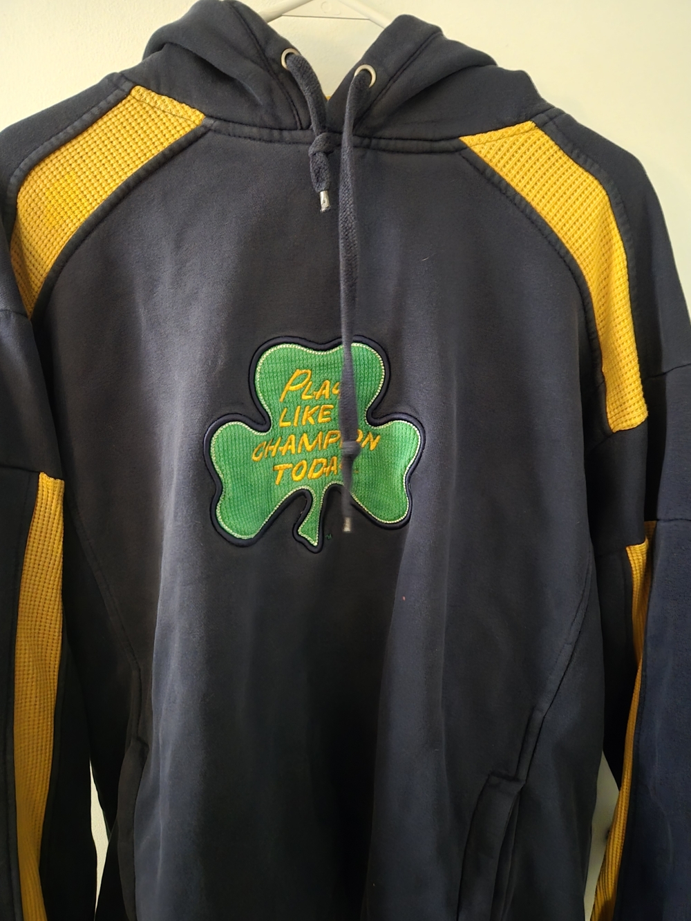 Champion Navy Blue Hoodie with Yellow Panels & Green Shamrock Patch